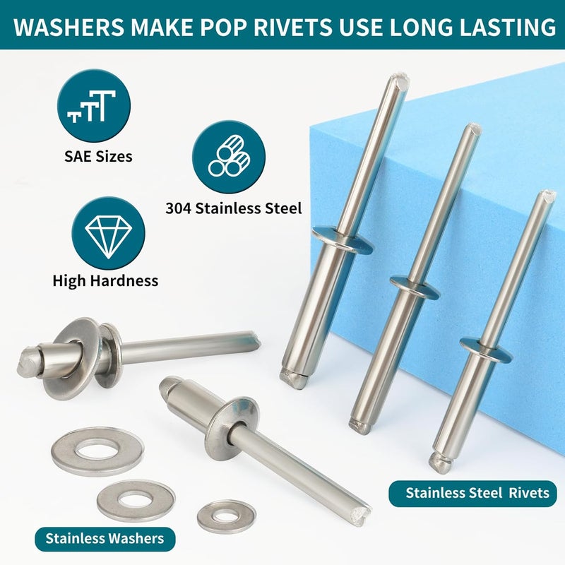 SATANTECH 450Pcs 304 Stainless Steel Pop Rivets with Washers Assortment Kit,1/8" 3/16" 1/4" Assorted Blind Rivets 8 SAE Sizes,DIY/Home/Automotive Repairs - Image 2